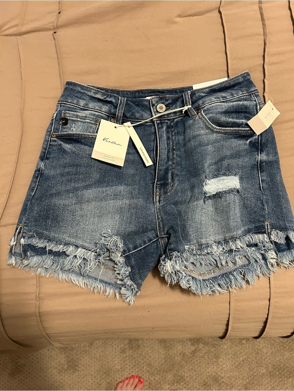 KanCan Distressed Frayed Hem Denim Shorts - Medium Blue Wash